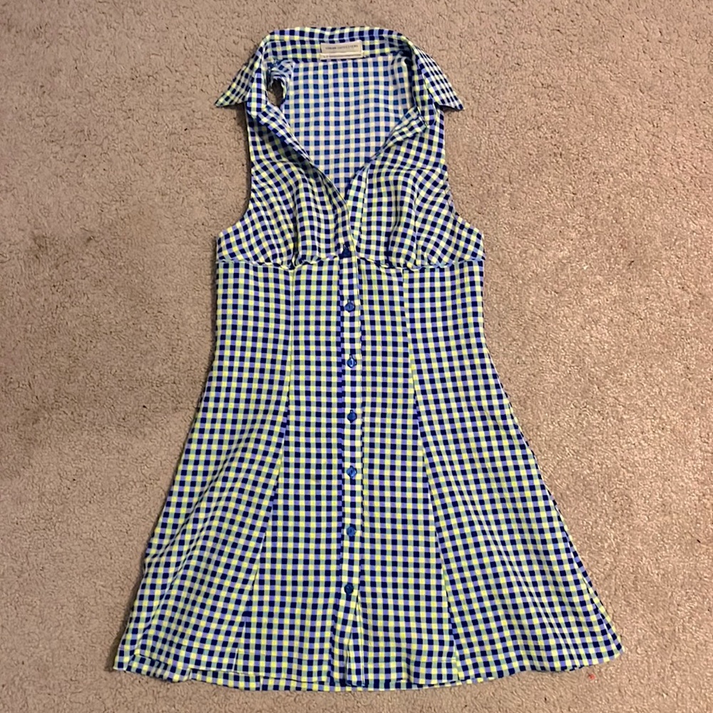 Blue and green gingham dress.